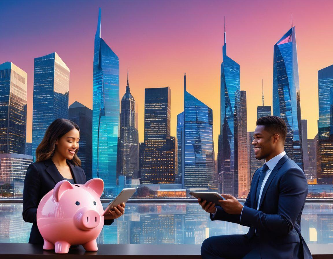 A dynamic scene depicting a diverse group of people engaging with digital devices, surrounded by symbols of savings (like piggy banks) transforming into investment opportunities (like stock market graphs and cryptocurrency coins). The background features a modern city skyline representing growth and technology. The atmosphere conveys a sense of empowerment and innovation in wealth management. vibrant colors. super-realistic.