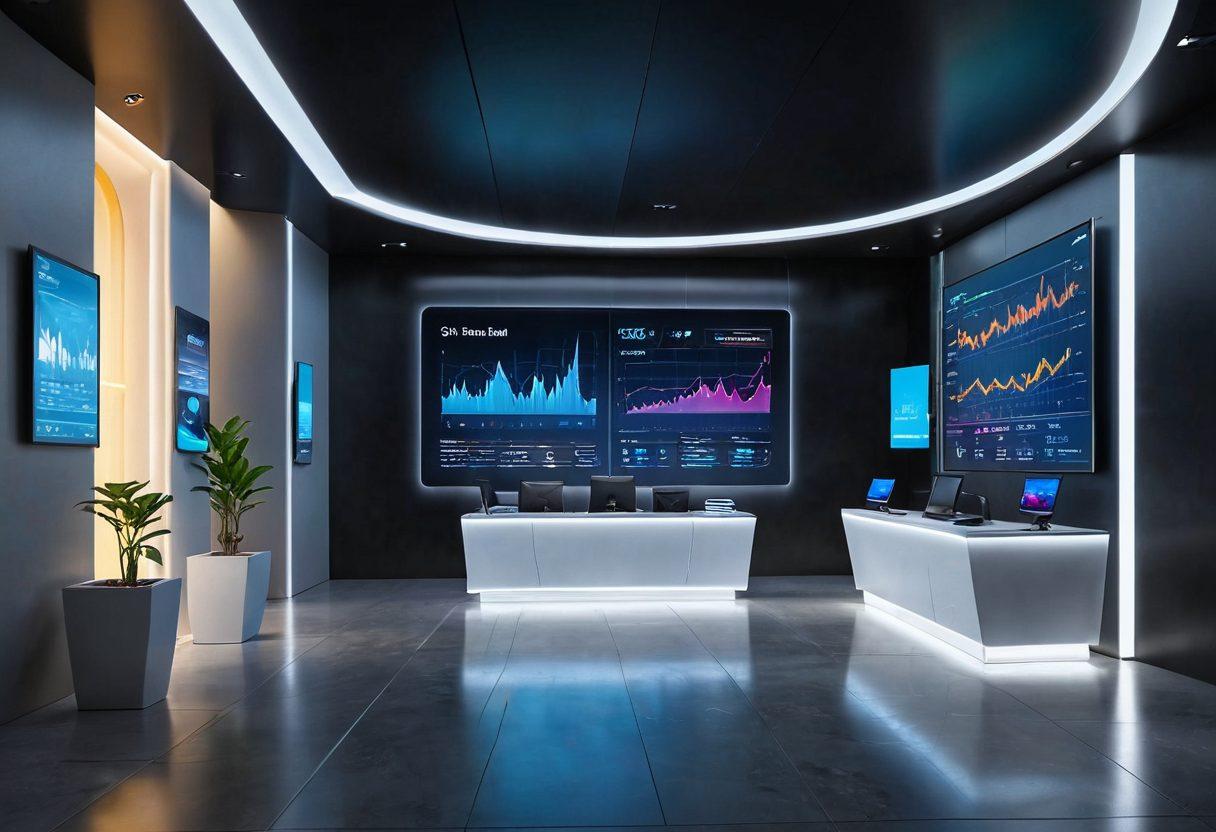 A futuristic digital bank with seamless user interfaces, displaying vibrant charts and graphs of wealth management. A confident individual interacts with a holographic screen, showcasing cryptocurrencies and e-banking options. Bright colors with a sleek, modern design to symbolize innovation in finance. super-realistic. vibrant colors. 3D.