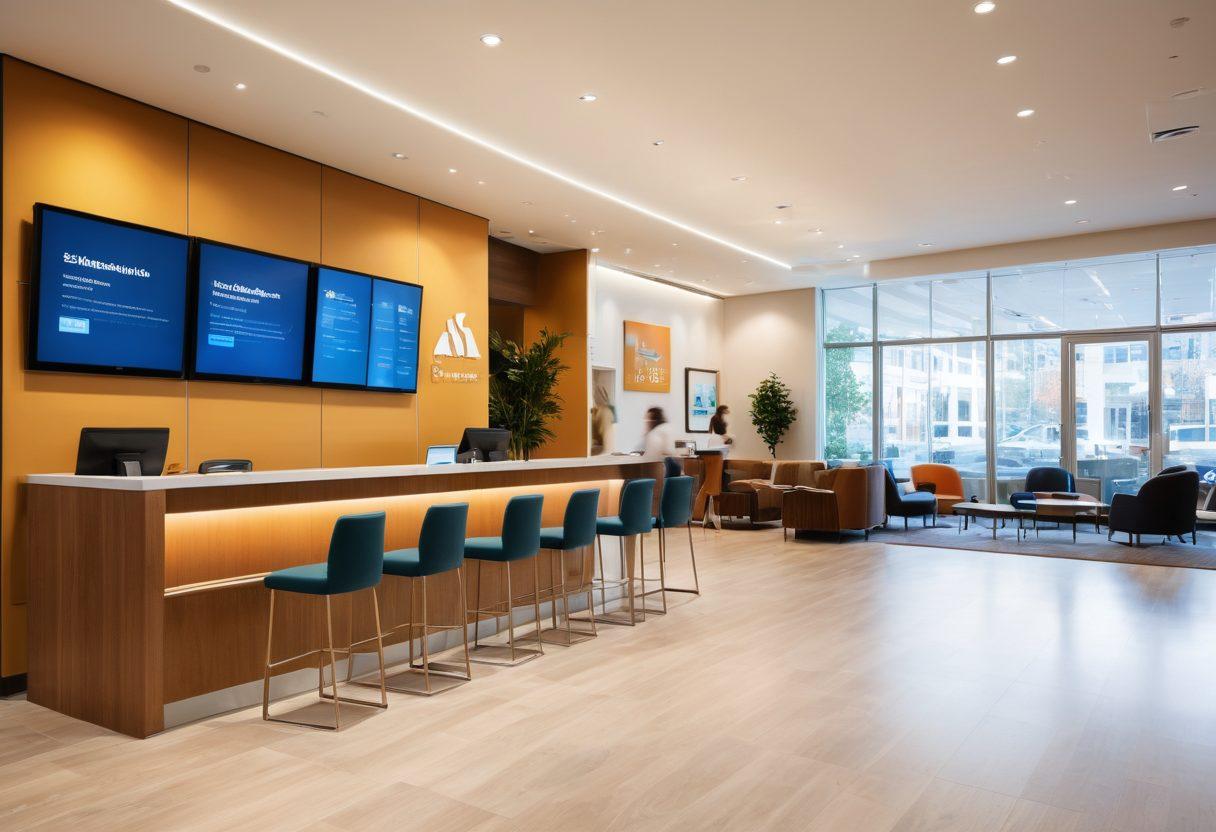 A modern bank branch interior featuring diverse employees assisting a variety of customers, showcasing personalized financial services. Include charts and digital screens displaying growth and savings. A warm and welcoming atmosphere with vibrant colors to convey optimism and empowerment. super-realistic. bright and inviting lighting. contemporary design.